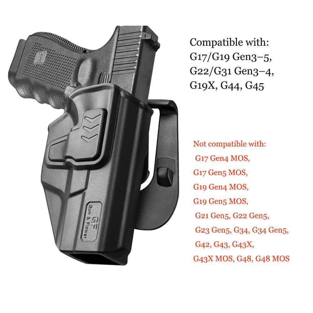 Glock 17 Gen3-5 G19 Gen3-5 G19X G23 Gen3-4 G22 Gen3-4 G31 Gen3-4 G32 Gen3-4 G44 G45 Polymer OWB Paddle Holster Level II Retention Outside Waistband for G17 G22 G31 - Paddle 360 Degrees Adjustable , Right Hand | Gun & Flower