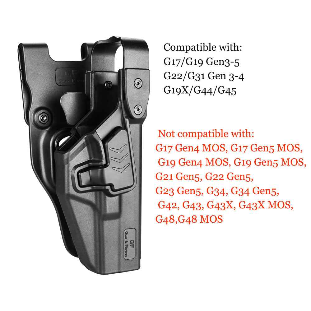 Glock G17 Gen3-5 G19 Gen3-5 G19X G23 Gen3-4 G22 Gen3-4 G31 Gen3-4 G32 Gen3-4 G44 G45 Level III Retention Polymer Holster , Right Hand | Gun & Flower