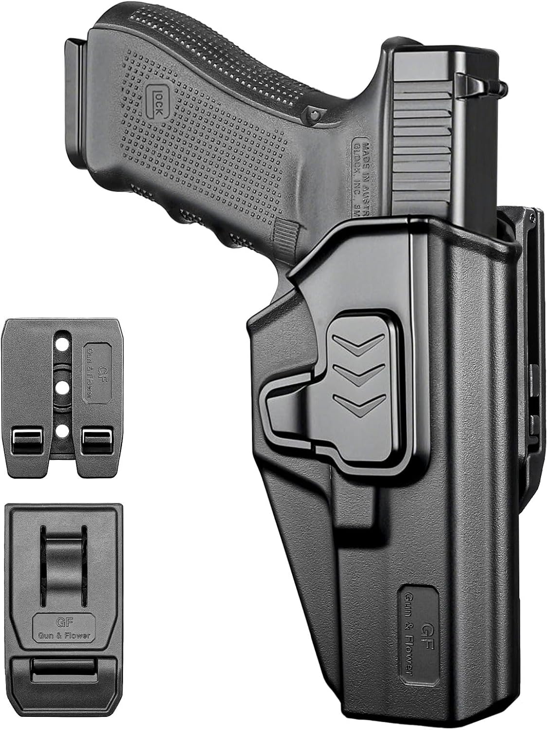 GUN & FLOWER OWB Holster Fits Glock 17 Gen 3-5, Glock 22/31 Gen 3-4, Glock 44/45, Outside Waistband Carry Belt Clip w/Molle Adapter, Level II Index Finger Release, 360 Degrees Adjustable, Right Hand - Polymerholster