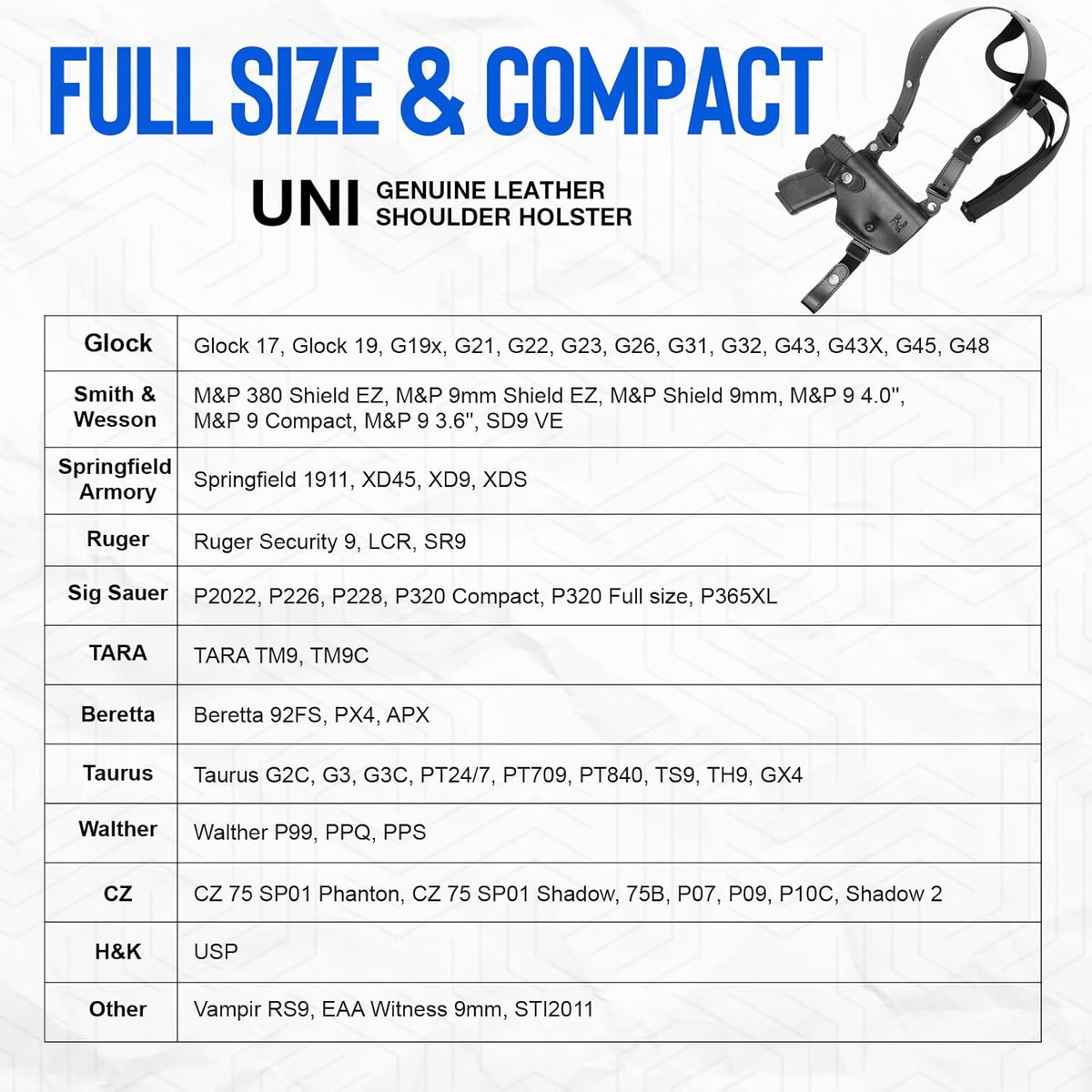 GUN & FLOWER Universal Leather Shoulder Holster Compatible with Glock 17/19/22/23, 1911, Taurus G2C/G3C, M&P 9, Sig P220/P226, 92FS, Right Hand - Polymerholster