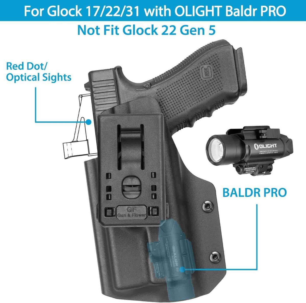 Glock 17/19 Gen 3-5 & Glock 19X/44/45 with Olight Baldr Mini/Baldr S/Baldr RL Mini, OWB Kydex Holster Adj Retention, Right Hand | Gun & Flower