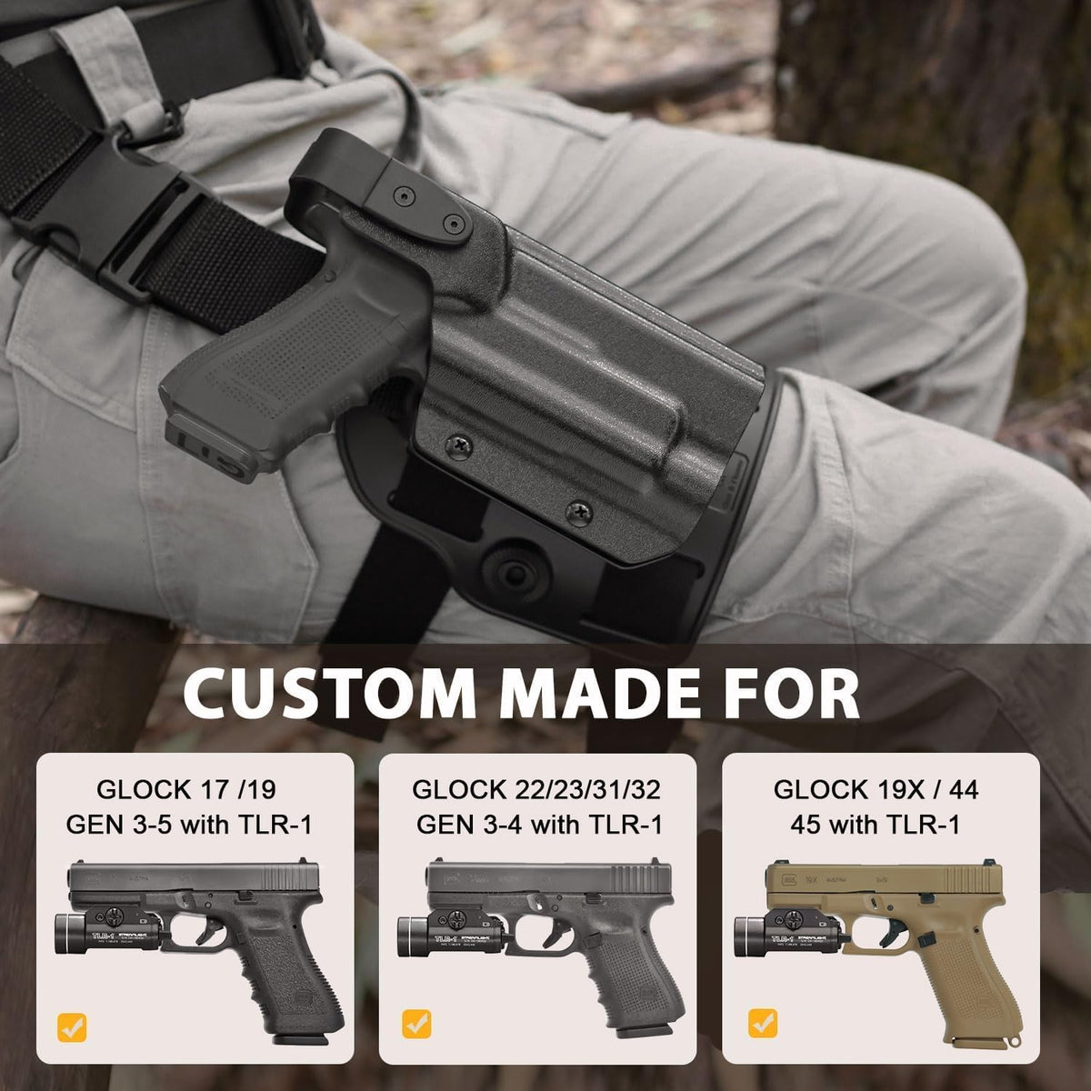 GUN & FLOWER Drop Leg Platform for Glock 17/19 (Gen3-5), Glock 22/23/31/32 (Gen3-4), Glock 19X/44/45 w/TLR-1 - Level 2 Holster + Mag Holes - Adjustable (No Mag Pouches) - Polymerholster