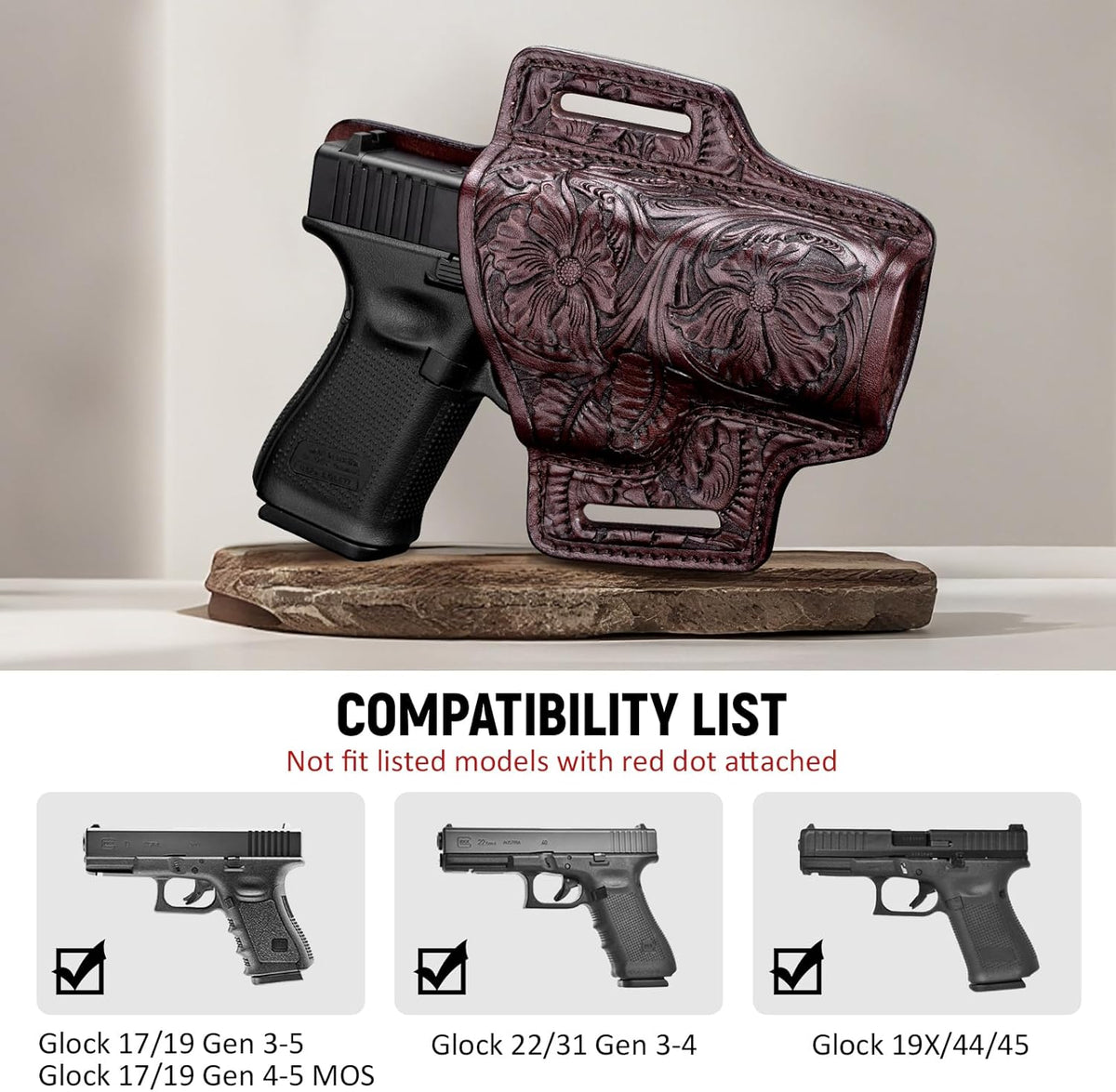 Premium Leather Holster for Women & Men, OWB Western Hand-Carved Holster - Compatible with Glock 17/19 Gen3-5 & 17/19 Gen4-5 MOS, 22/31(Gen3-4), 19X/ 44/45 - Fits 1.5" Belts, Right Hand - Polymerholster