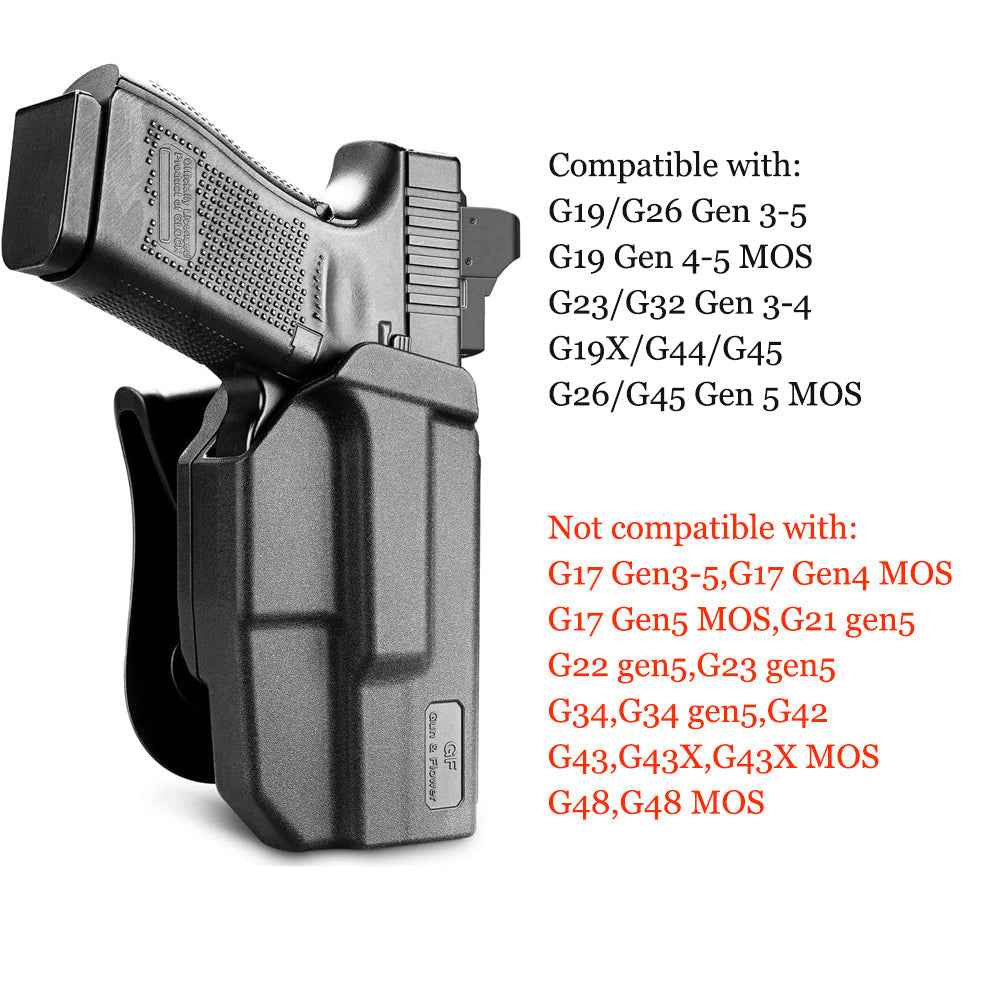 OWB Thumb Release Holster Fit Glock G19 Gen3-5  G19X  G19 Gen4 MOS  G19 Gen5 MOS  G23 Gen3-4  G26 Gen3-5  G26 Gen5 MOS  G32 Gen3-4  G44  G45  G45 MOS  Compatible with Red Dot/Optics, Right Handed | Gun & Flower