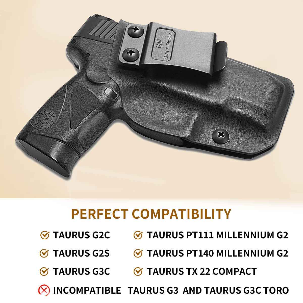 Taurus Kydex Holster for G2C, G2S, G3C, PT111 Millennium G2, PT140 Millennium G2, TX 22 - Compact IWB by Gun & Flower