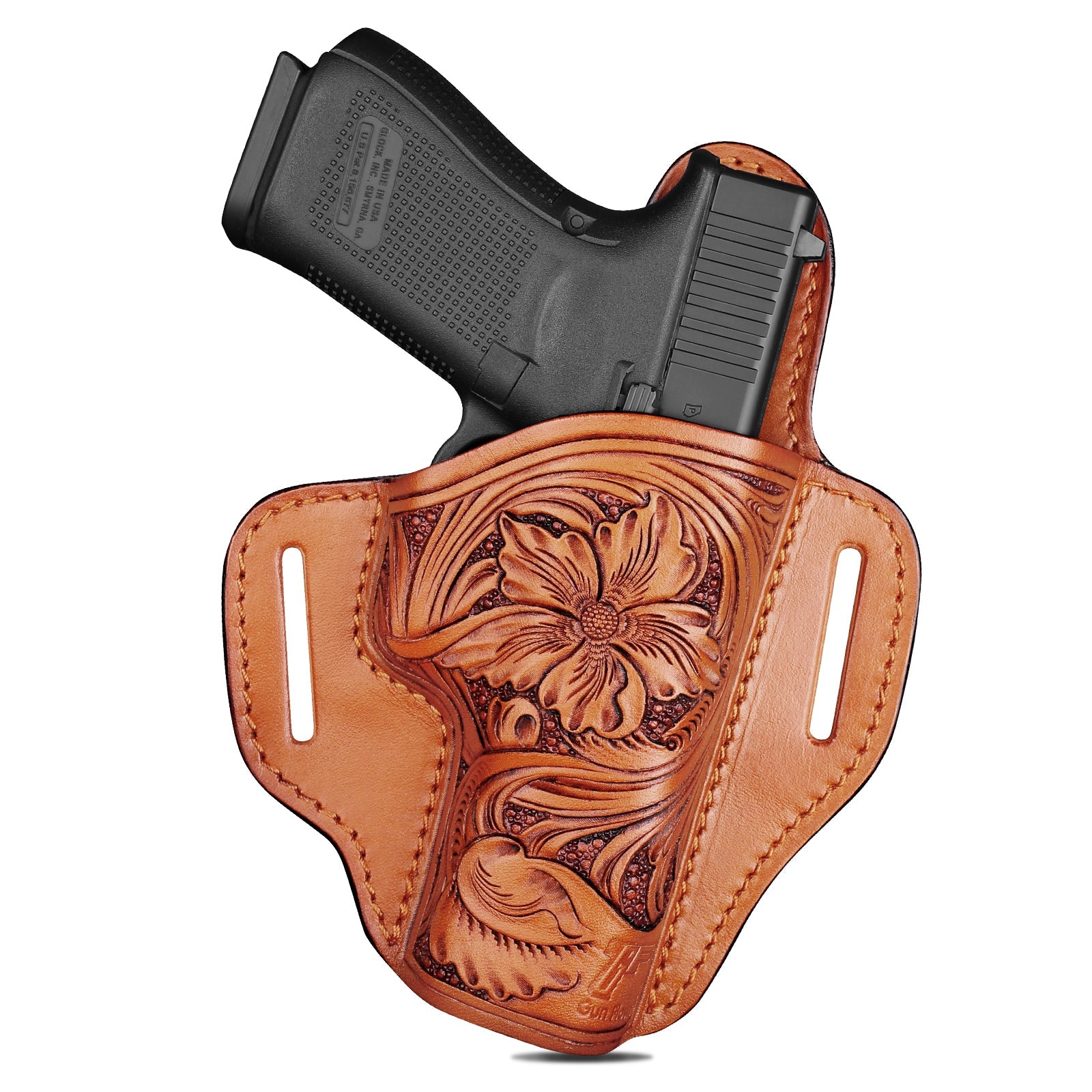 GUN & FLOWER Hand-Carved Full-Grain Leather Luxury OWB Holster for Glock 17/19 Gen 3-5, 22/23/31/32 Gen 3-4, Glock 19x/44/45 – Exclusive Dual-Sided Smooth Protection, Floral Design, Fits 1.5" Belts - Gunflowerholsters