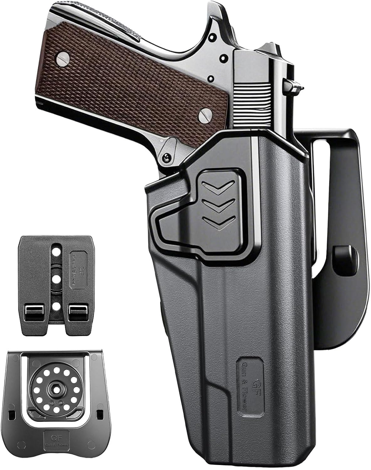 GUN & FLOWER OWB Holster Fit 1911 Colt-Elite Force-Kimber-Springfield-RIA-S&W-Ruger-Taurus-Rock Island and Most 1911 5'' No Rail, Index Finger Release, 360 Degrees Adjustable Paddle w/Molle Adapter - Polymerholster