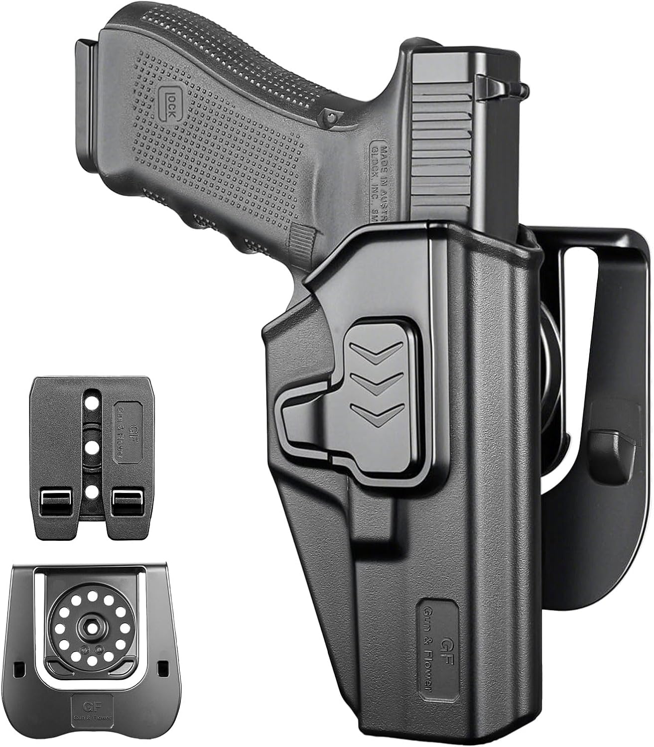 GUN & FLOWER OWB Paddle Holster Fits Glock 17 Gen3-5, Glock 22/31 Gen3-4, Glock 44/45, Outside Waistband Carry Paddle w/Molle Adapter, Level II Index Finger Release, 360 Degrees Adjustable, Right Hand - Gunflowerholsters