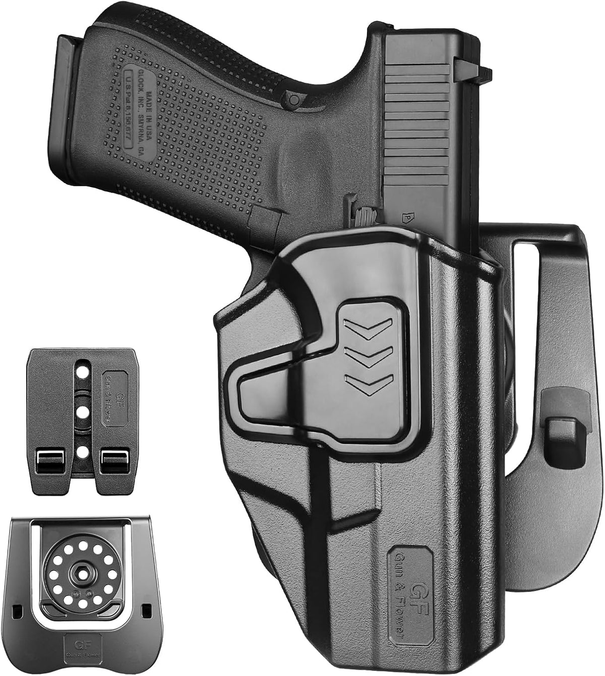 GUN & FLOWER OWB Paddle Holster Fits G19 Gen3-5 G26 Gen3-5 G19X G44 G45 MOS, Outside Waistband Carry Paddle w/Molle Adapter, Level II Index Finger Release, 360 Degrees Adjustable, Right Hand - Gunflowerholsters