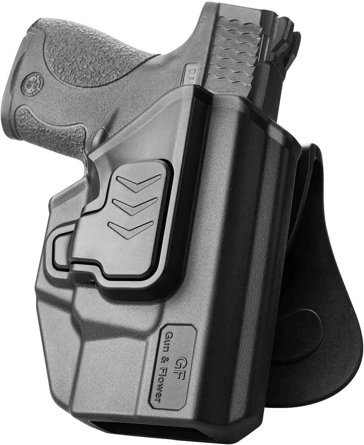 OWB Holster Fits M&P Shield with Integrated Crimson Trace Laser, Index Finger Release, 360 Degrees Adjustable Paddle, Right Hand - Gunflowerholsters