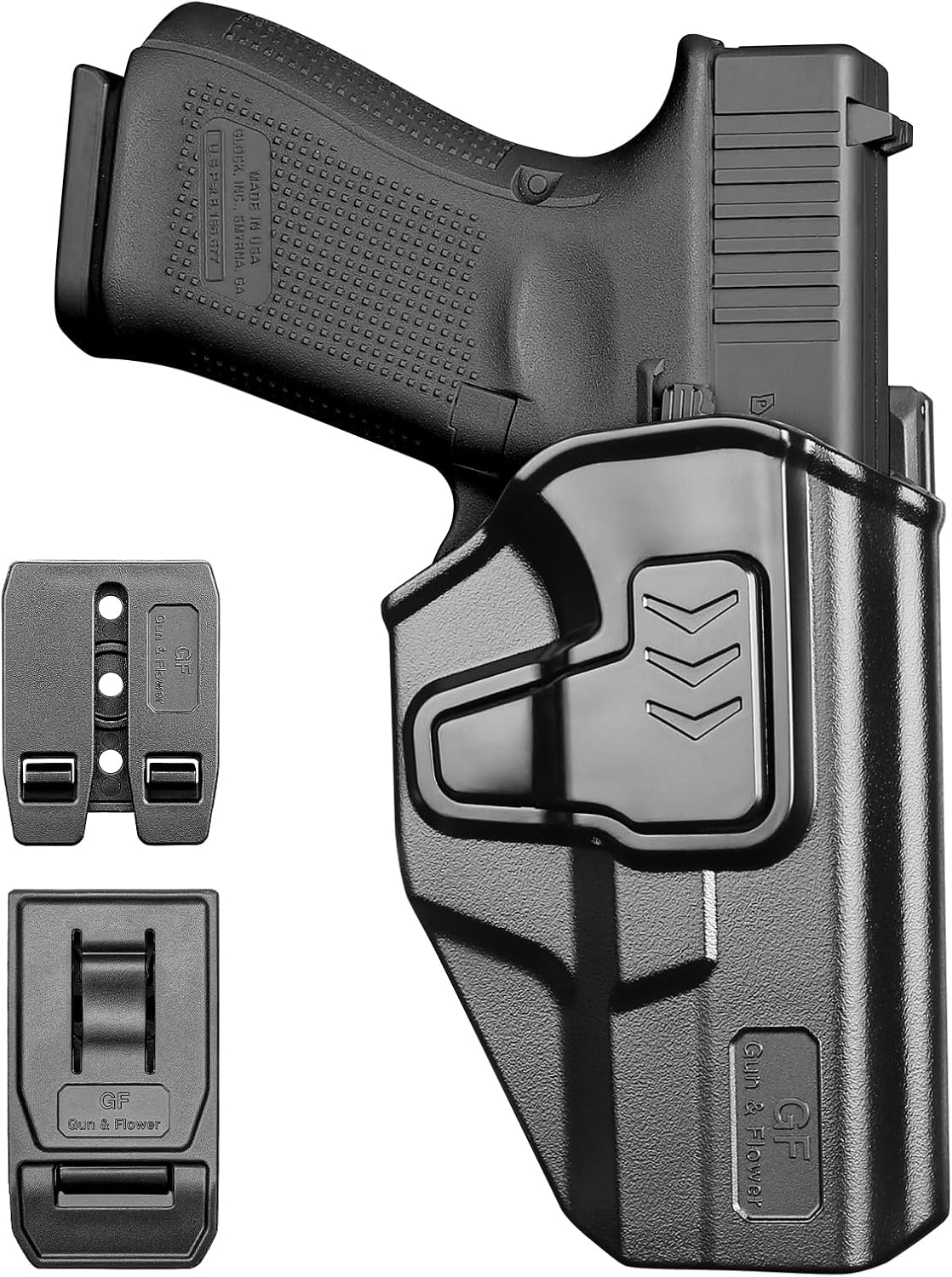 GUN & FLOWER OWB Holster Fits Golck 19 Gen3-5  G19X G23 Gen3-4 G26 Gen3-5  G32 Gen3-4 G44  G45, Outside Waistband Carry Belt Clip w/MOLLE Adapter, Level II Index Finger Release, 360 Degrees Adjustable, Right Hand - Gunflowerholsters