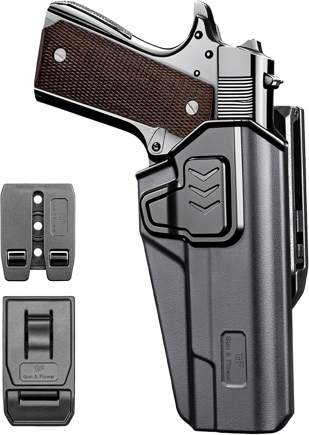 GUN & FLOWER OWB Holster Fit 1911 Colt-Elite Force-Kimber-Springfield-RIA-S&W-Ruger-Taurus-Rock Island and Most 1911 5'' No Rail, Index Finger Release, 360 Degrees Adjustable Belt Clip w/Molle Adapter - Polymerholster