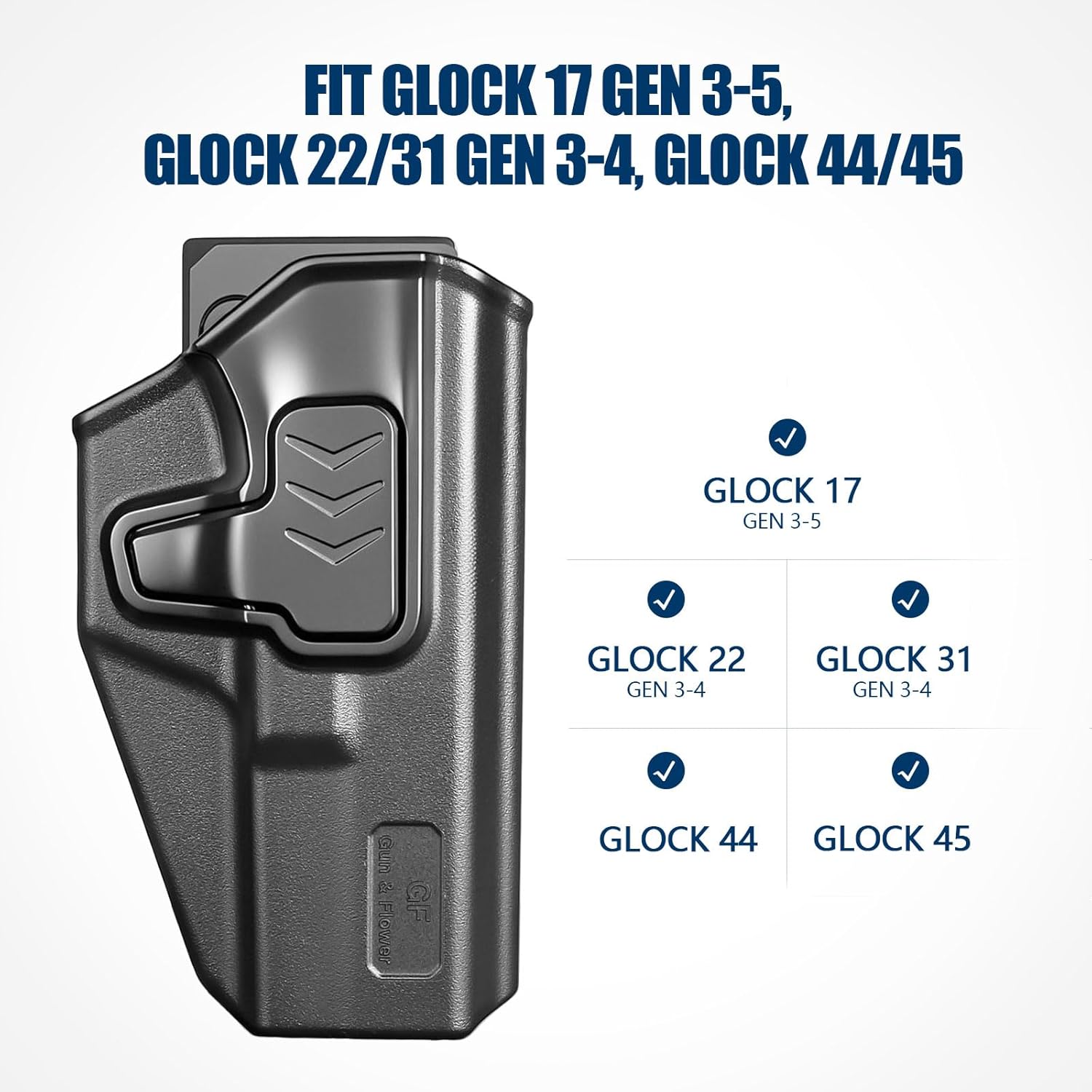 GUN & FLOWER OWB Holster Fits Glock 17 Gen 3-5, Glock 22/31 Gen 3-4, Glock 44/45, Outside Waistband Carry Belt Clip w/Molle Adapter, Level II Index Finger Release, 360 Degrees Adjustable, Right Hand - Gunflowerholsters