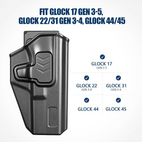 GUN & FLOWER OWB Holster Fits Glock 17 Gen 3-5, Glock 22/31 Gen 3-4, Glock 44/45, Outside Waistband Carry Belt Clip w/Molle Adapter, Level II Index Finger Release, 360 Degrees Adjustable, Right Hand - Gunflowerholsters