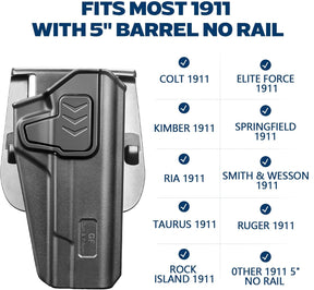 GUN & FLOWER OWB Holster Fit 1911 Colt-Elite Force-Kimber-Springfield-RIA-S&W-Ruger-Taurus-Rock Island and Most 1911 5'' No Rail, Index Finger Release, 360 Degrees Adjustable Paddle w/Molle Adapter - Polymerholster