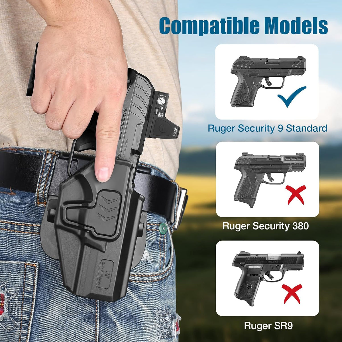 OWB Holster Compatible with Ruger Security 9 Standard, Fits Red Dot/Optics, Level II Index Finger Release Gun Holster, Outside Waistband Carry, 360° Adjustable Paddle, Right Hand - Polymerholster