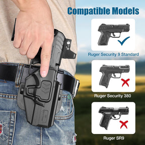 OWB Holster Compatible with Ruger Security 9 Standard, Fits Red Dot/Optics, Level II Index Finger Release Gun Holster, Outside Waistband Carry, 360° Adjustable Paddle, Right Hand - Polymerholster