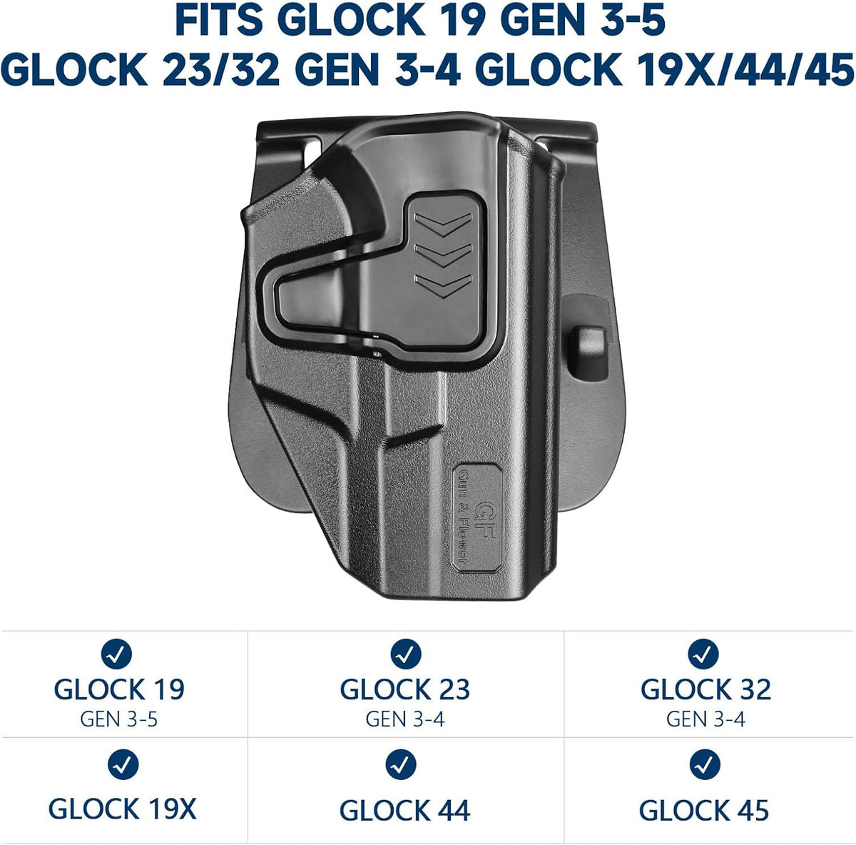 GUN & FLOWER OWB Paddle Holster Fits G19 Gen3-5 G26 Gen3-5 G19X G44 G45 MOS, Outside Waistband Carry Paddle w/Molle Adapter, Level II Index Finger Release, 360 Degrees Adjustable, Right Hand - Gunflowerholsters