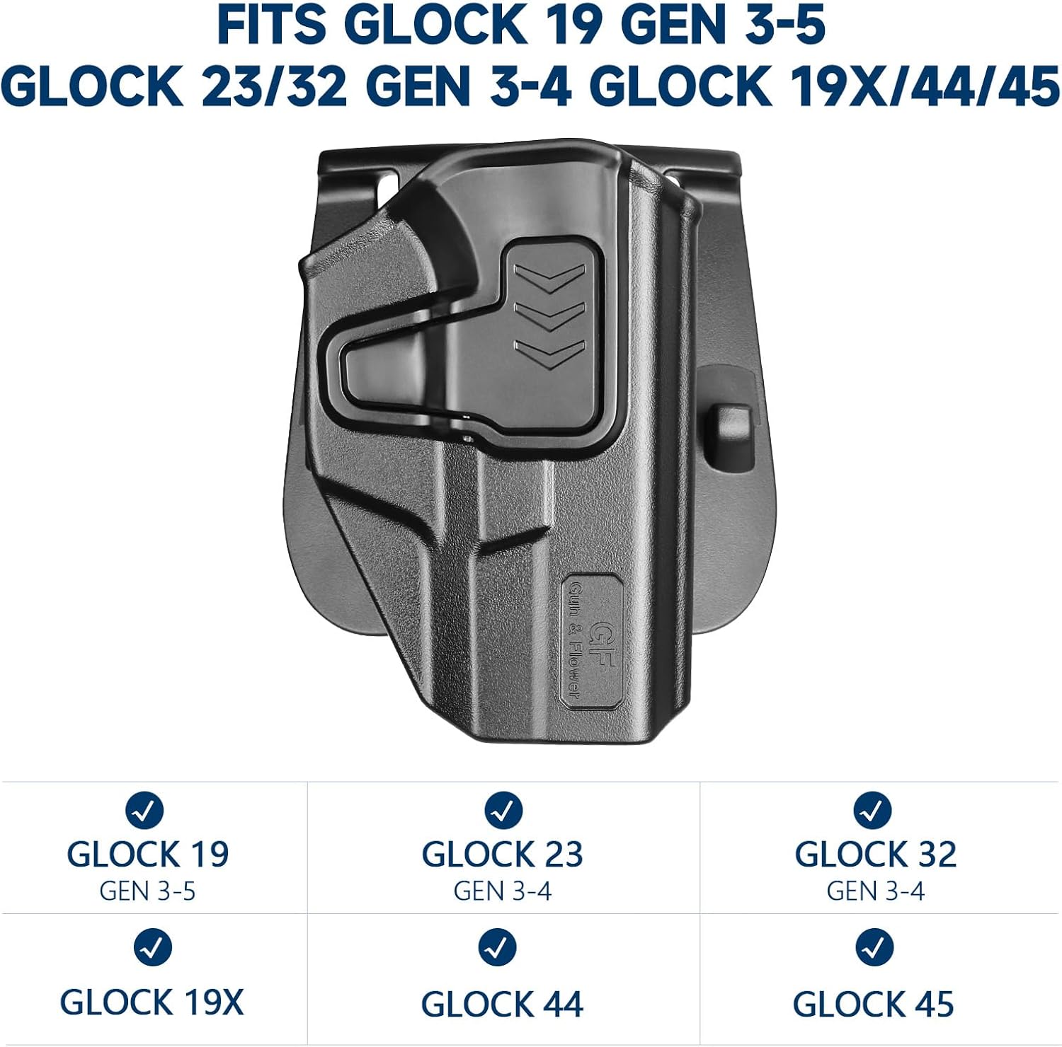 GUN & FLOWER OWB Paddle Holster Fits G19 Gen3-5 G26 Gen3-5 G19X G44 G45 MOS, Outside Waistband Carry Paddle w/Molle Adapter, Level II Index Finger Release, 360 Degrees Adjustable, Right Hand - Gunflowerholsters