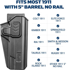 GUN & FLOWER OWB Holster Fit 1911 Colt-Elite Force-Kimber-Springfield-RIA-S&W-Ruger-Taurus-Rock Island and Most 1911 5'' No Rail, Index Finger Release, 360 Degrees Adjustable Belt Clip w/Molle Adapter - Polymerholster