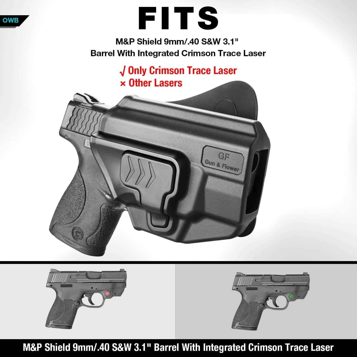 OWB Holster Fits M&P Shield with Integrated Crimson Trace Laser, Index Finger Release, 360 Degrees Adjustable Paddle, Right Hand - Gunflowerholsters