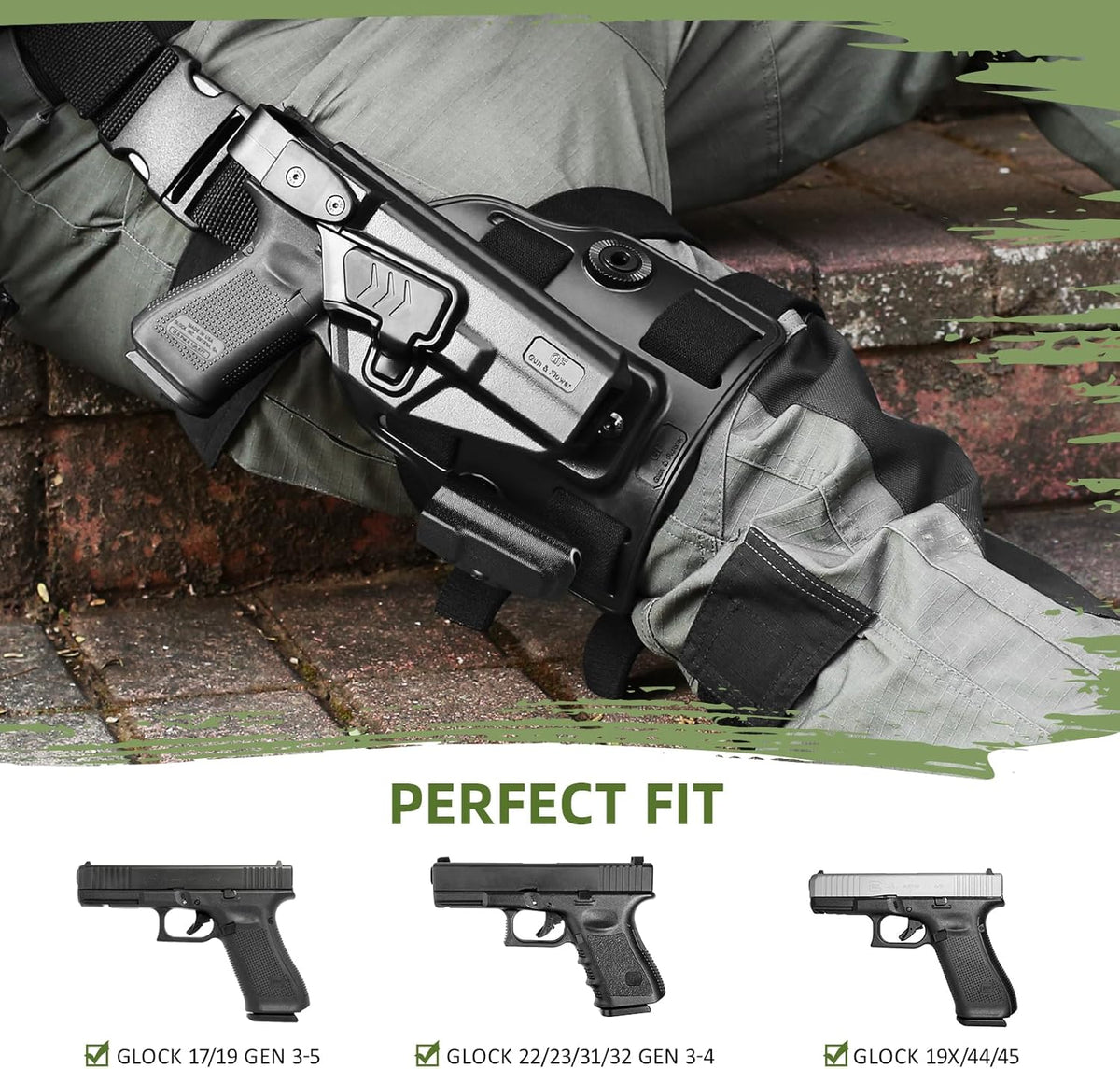 Level III Retention G17 Drop Leg Holster with Single Mag Holder – Fits Glock 17/19 (Gen 3-5), Glock 22/23/31/32 (Gen 3-4), Glock 19X/44/45 – Tactical Thigh Holster Adjustable Right Hand - Polymerholster