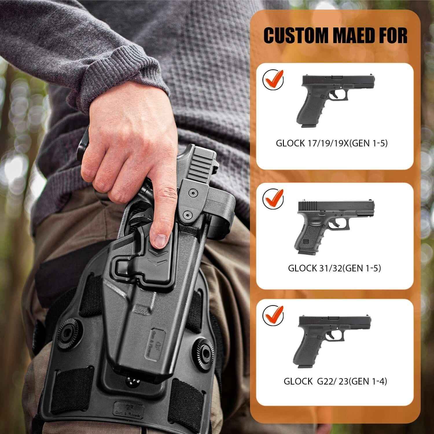 Level III Holster for Glock 19/17 Drop Leg Holster,  Leg Holster for Glock 17/19/31/32(Gen 1-5), G22/G23(Gen 1-4), G19X, 44, 45, Thigh Holster, Fit 1.5, 1.75, 2.0'' security Belt, Adj. Ride Height|Gun &Flowers
