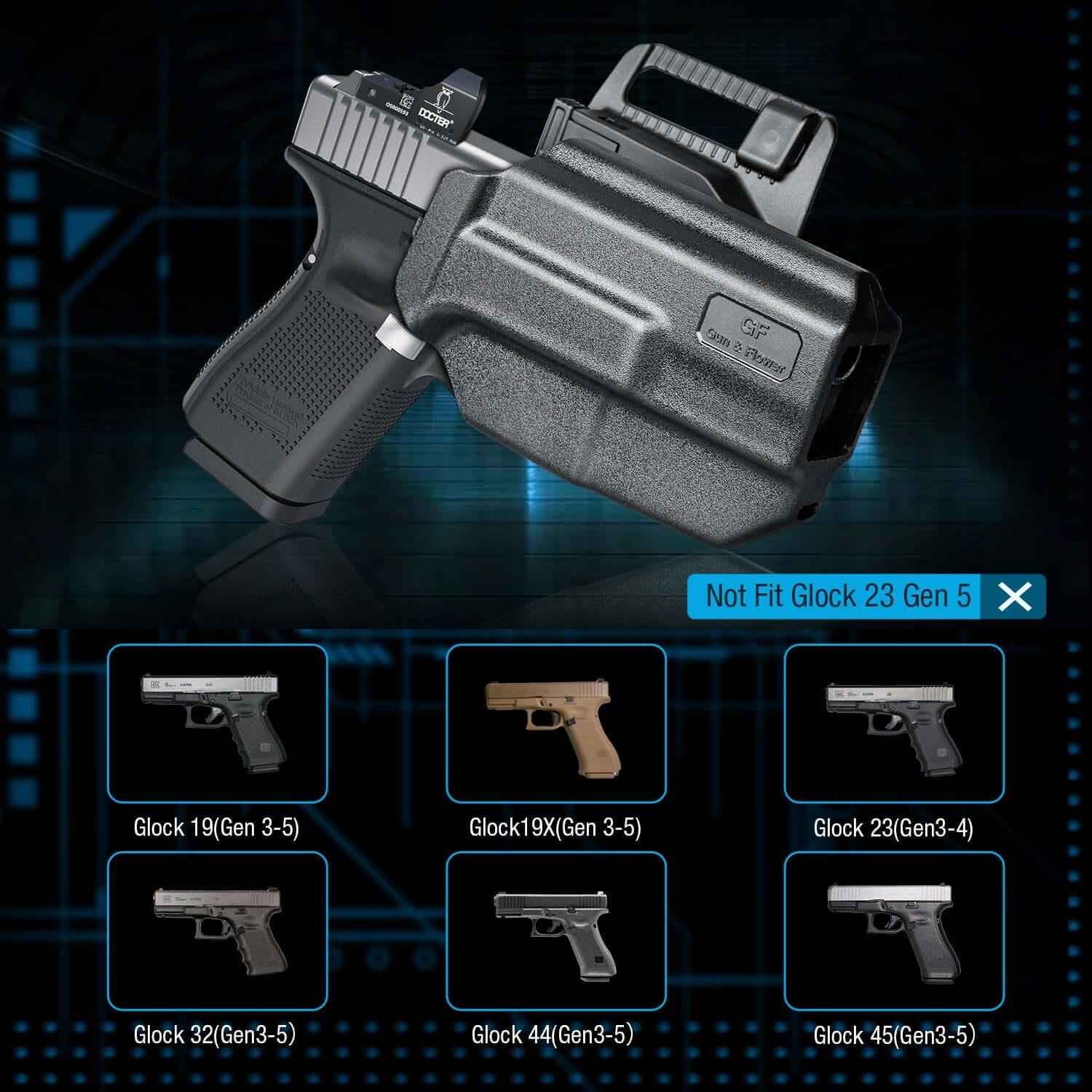 Glock 19 Holster, Level II Retention OWB Holster for Glock19 19X 32 44 45(Gen 3 4 5) 丨Glock23(Gen 3 4), Belt Loop Attachment, Outside Waistband Carry,  Thumb Release,right hand|Gun & Flower - Gunflowerholsters