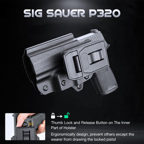 WARRIORLAND OWB KYDEX Holster Thumb Release & Optics Cut Fit: Sig Sauer P320 Full Size/Compact/ P320 M17/P320 M18/P320 X Carry/P320 XFM/P320 AXG Combat/P320 AXG Legion/P320 X Five, Outside Waistband 360 Degree Adj. Fits 1.5"-2.25" Belt, Right Hand - Polymerholster