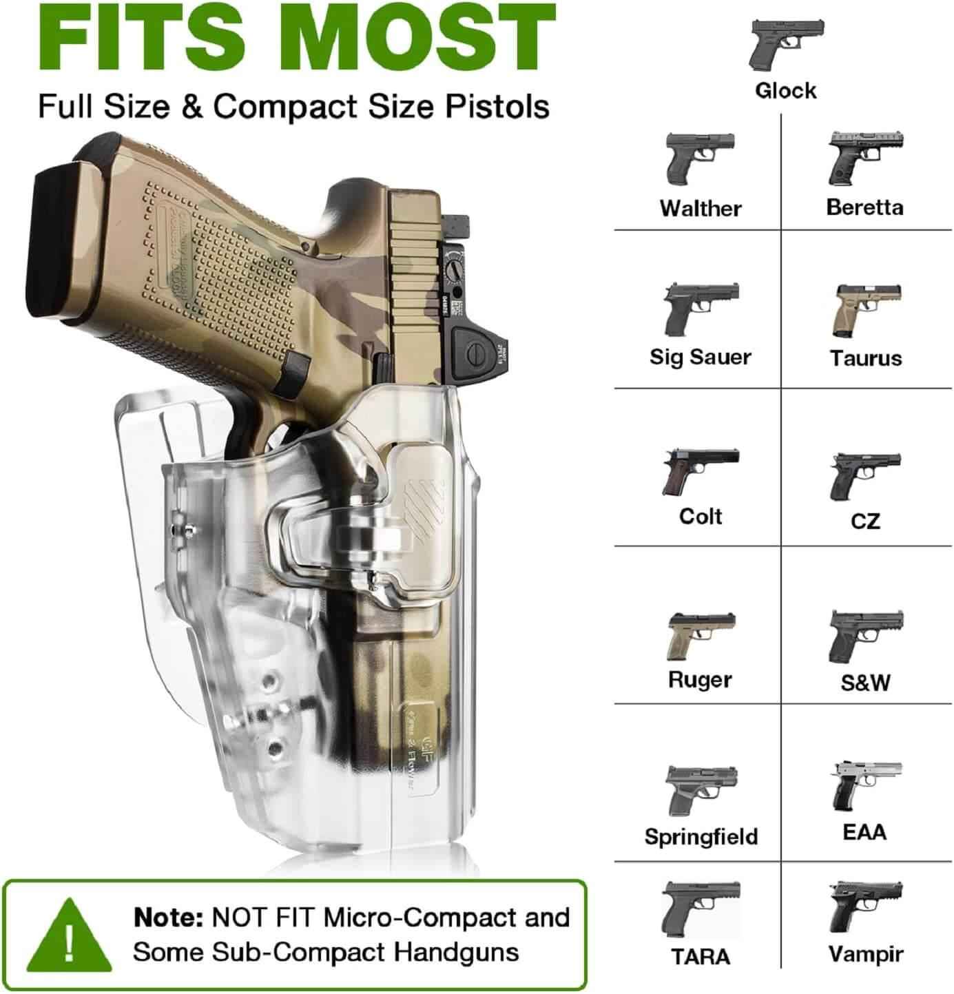 Frosted Clear Universal OWB Paddle Holster Level II with Index Finger Release & Optics Cut, Right Hand