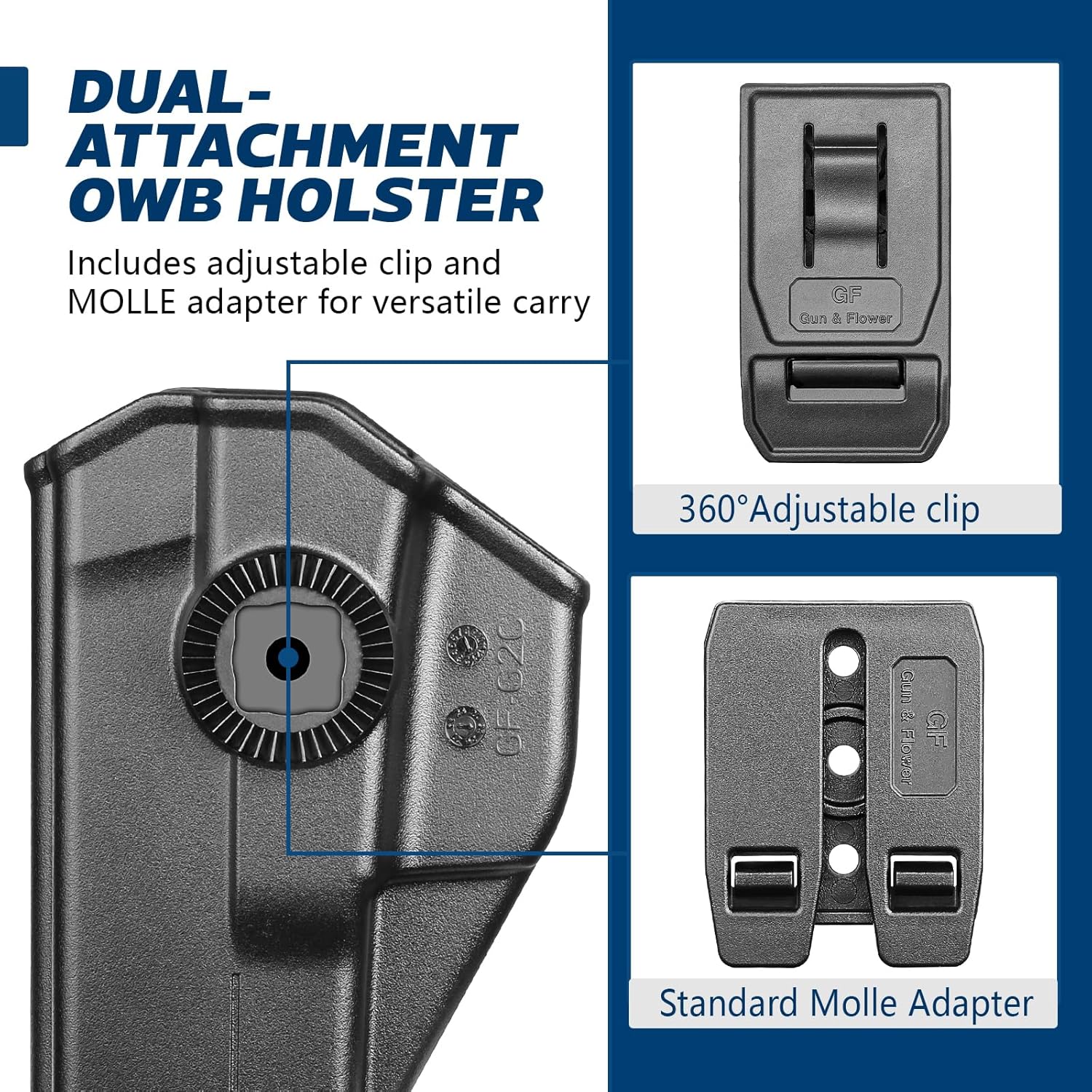 GUN & FLOWER OWB Holster Fits Taurus G2C Taurus G2S Taurus G3C Taurus PT111 Millennium G2 Taurus PT140 Millennium G2, Outside Waistband Carry Belt Clip w/Molle Adapter, Level II Index Finger Release, 360 Degrees Adjustable, Right Hand - Gunflowerholsters