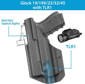 IWB Kydex Holster for Glock 19 19X 23 32 45 w/ Streamlight TLR1 -Optic Ready, Adj. Retention, Fit 1.5 & 1.75'' Wide Belt, Right Hand | Gun & Flower - Gunflowerholsters