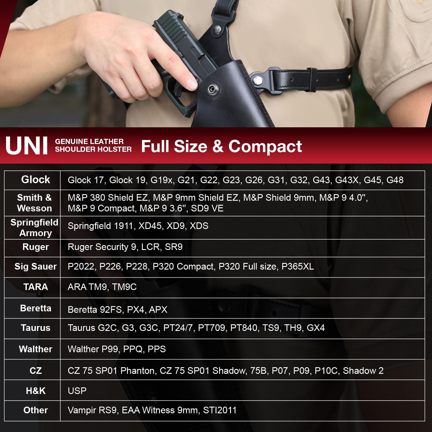 GUN & FLOWER Universal Leather Chest Holster Compatible with Glock 17/19/ 19X/ 22/43/ 43X, 1911, Taurus G2C/G3C, M&P 9, Sig P220/P226, 92FS and More, for Men and for Women, Right Hand - Polymerholster