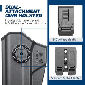 GUN & FLOWER OWB Holster Fit 1911 Colt-Elite Force-Kimber-Springfield-RIA-S&W-Ruger-Taurus-Rock Island and Most 1911 5'' No Rail, Index Finger Release, 360 Degrees Adjustable Belt Clip w/Molle Adapter - Polymerholster