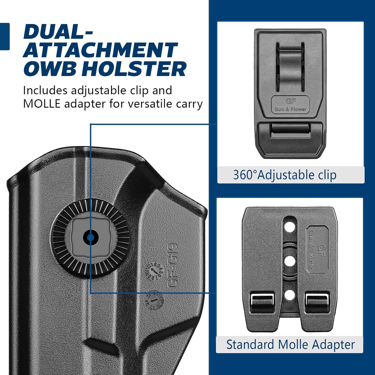 GUN & FLOWER OWB Holster Fits Golck 19 Gen3-5  G19X G23 Gen3-4 G26 Gen3-5  G32 Gen3-4 G44  G45, Outside Waistband Carry Belt Clip w/MOLLE Adapter, Level II Index Finger Release, 360 Degrees Adjustable, Right Hand - Gunflowerholsters