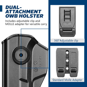 GUN & FLOWER OWB Holster Fits Golck 19 Gen3-5  G19X G23 Gen3-4 G26 Gen3-5  G32 Gen3-4 G44  G45, Outside Waistband Carry Belt Clip w/MOLLE Adapter, Level II Index Finger Release, 360 Degrees Adjustable, Right Hand - Gunflowerholsters