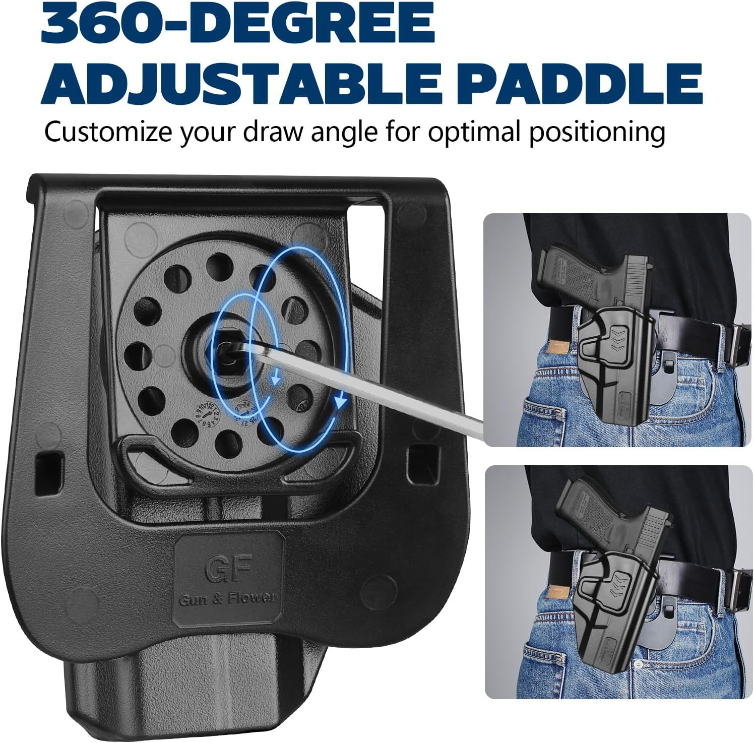 GUN & FLOWER OWB Paddle Holster Fits G19 Gen3-5 G26 Gen3-5 G19X G44 G45 MOS, Outside Waistband Carry Paddle w/Molle Adapter, Level II Index Finger Release, 360 Degrees Adjustable, Right Hand - Gunflowerholsters