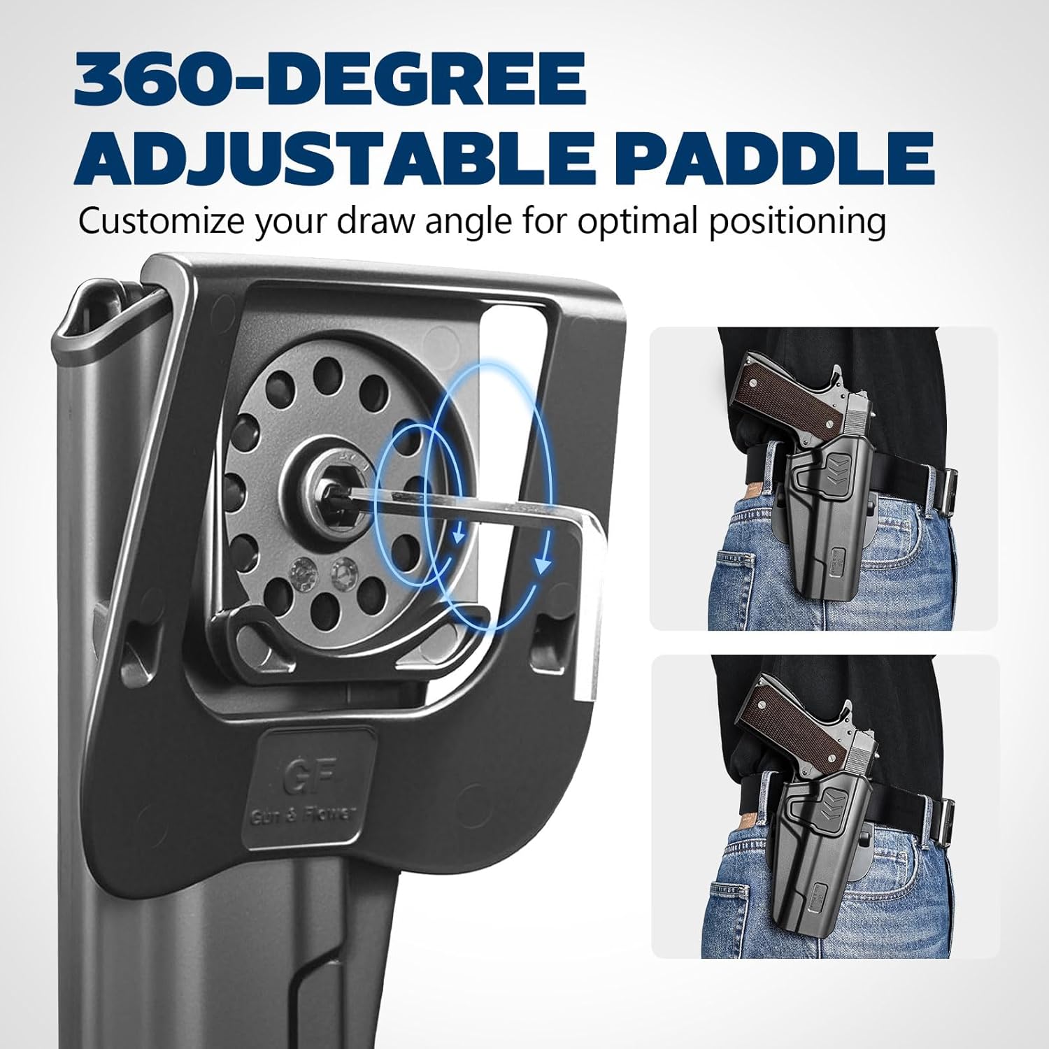 GUN & FLOWER OWB Holster Fit 1911 Colt-Elite Force-Kimber-Springfield-RIA-S&W-Ruger-Taurus-Rock Island and Most 1911 5'' No Rail, Index Finger Release, 360 Degrees Adjustable Paddle w/Molle Adapter - Polymerholster