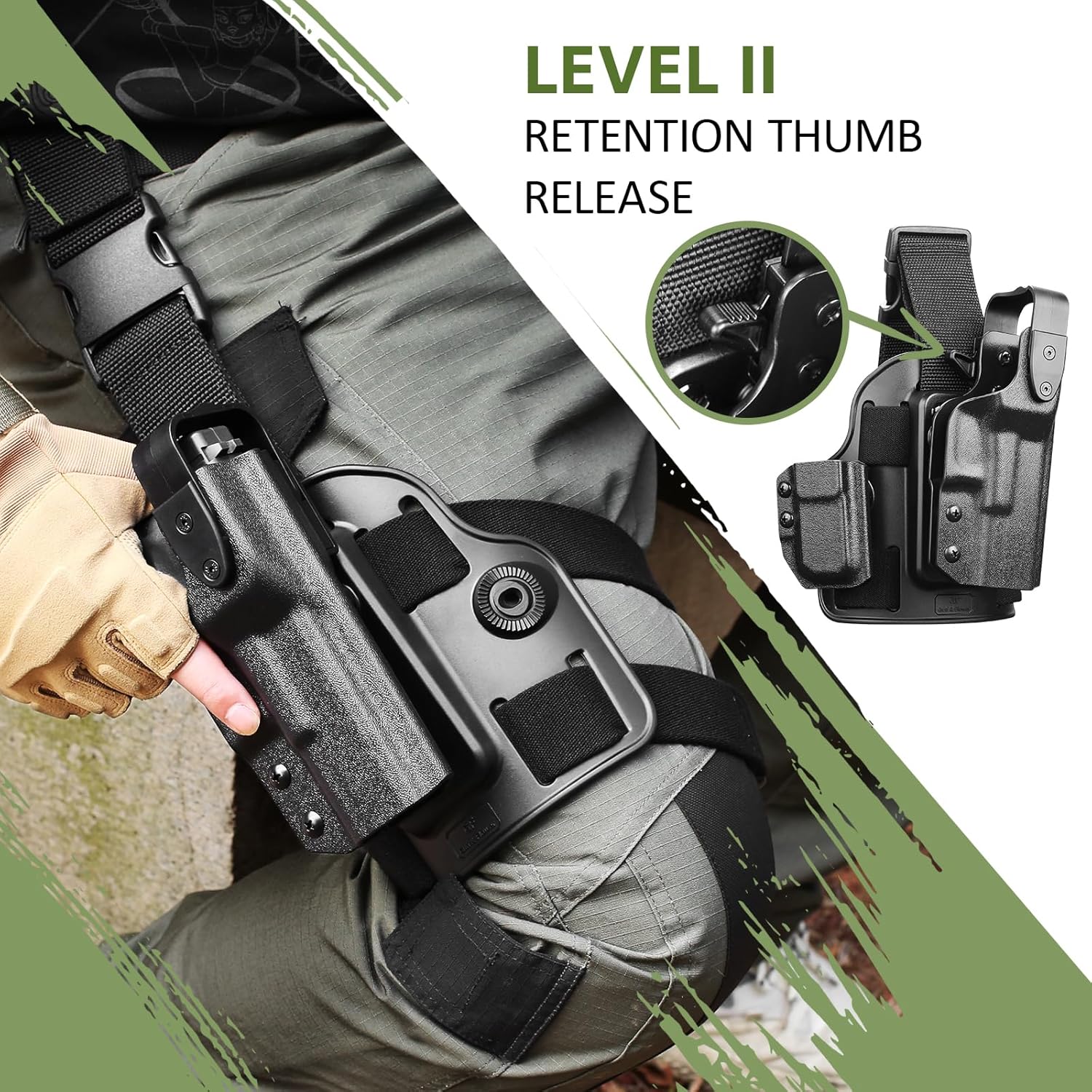 Tactical Level II G17 Drop Leg Holster with Single Mag Pouch for Glock 17/19 Gen3-5, 22/23/31/32 Gen3-4, 19X/44/45 – Kydex Thigh Holster Adjustable Right-Hand Draw - Polymerholster