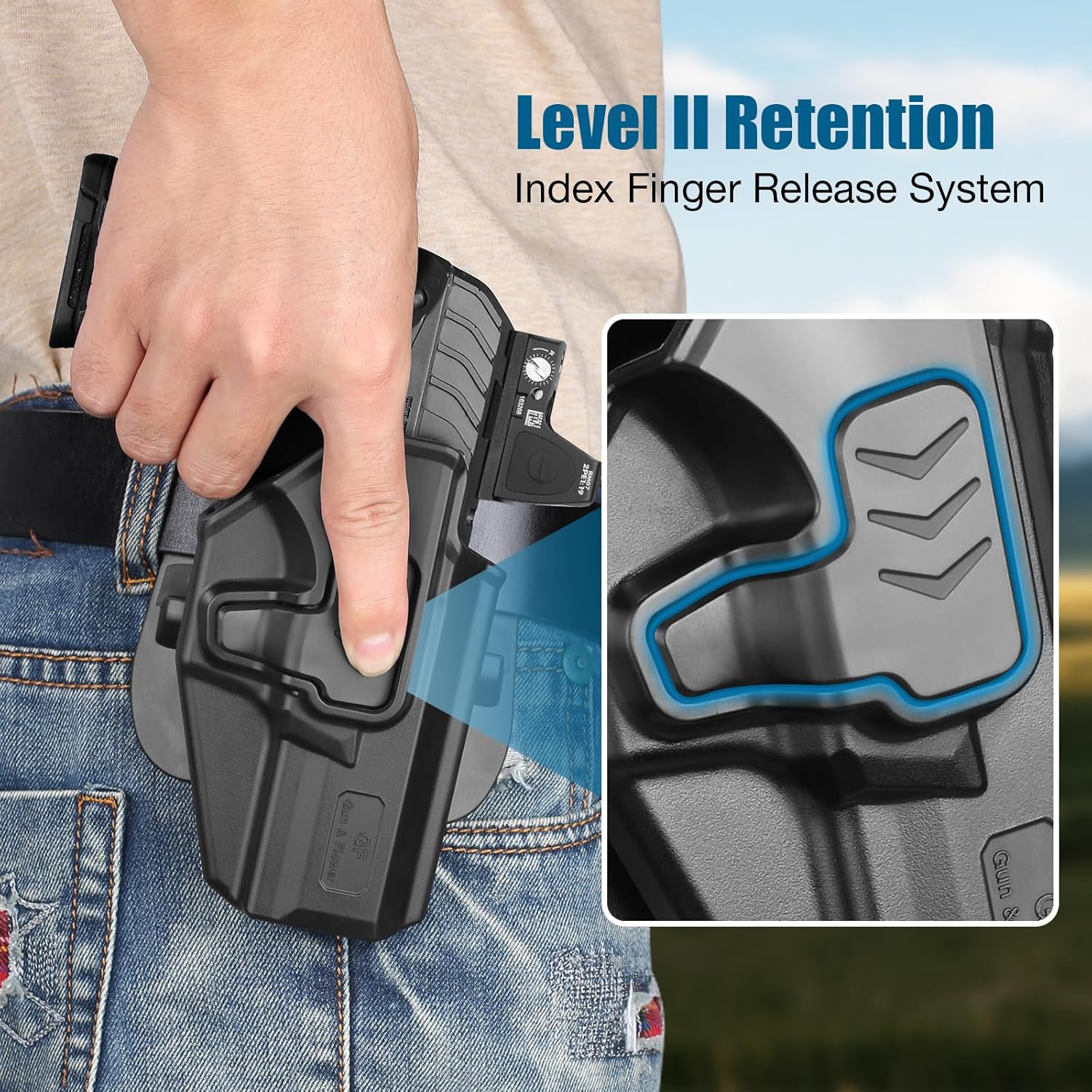 OWB Holster Compatible with Ruger Security 9 Standard, Fits Red Dot/Optics, Level II Index Finger Release Gun Holster, Outside Waistband Carry, 360° Adjustable Paddle, Right Hand - Polymerholster