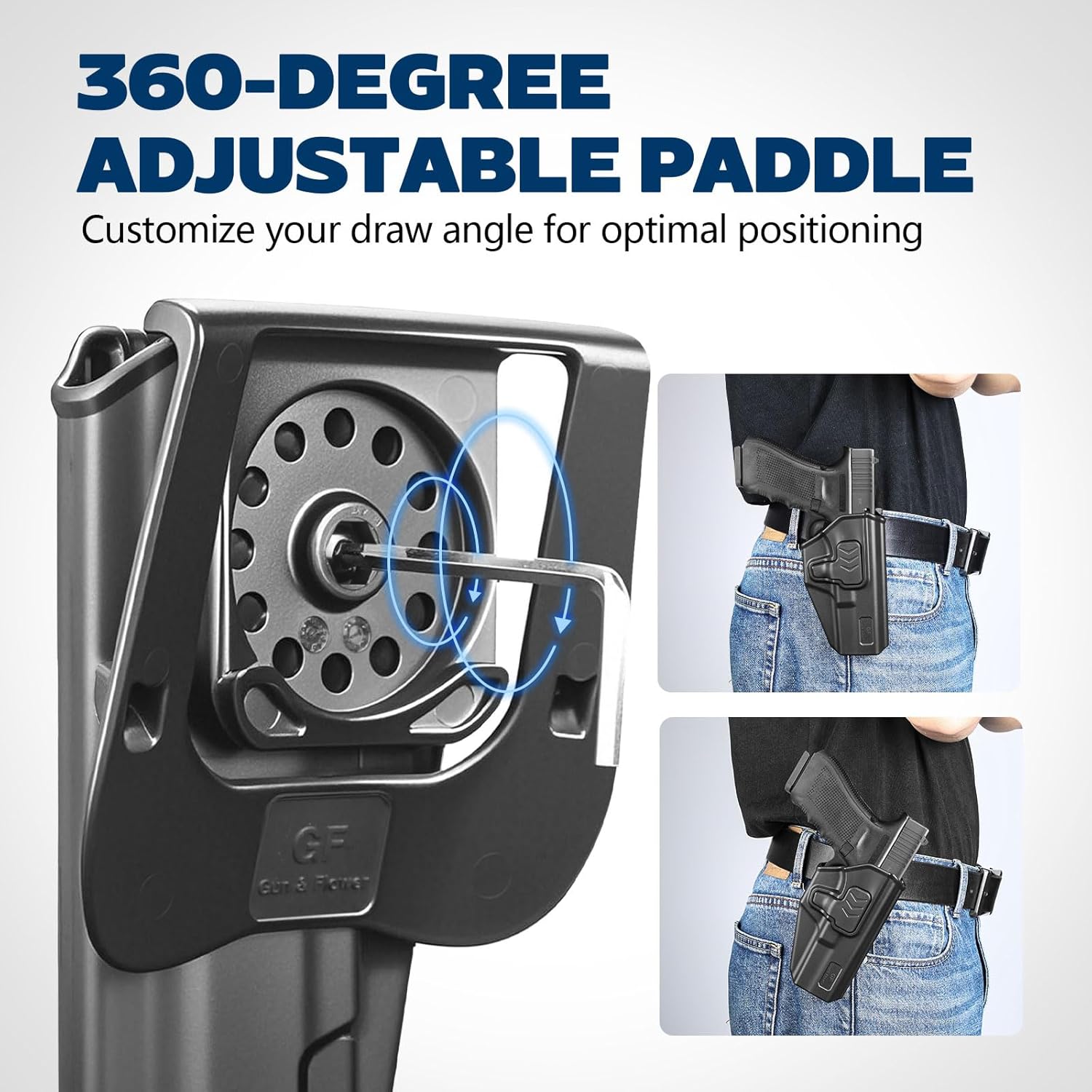 GUN & FLOWER OWB Paddle Holster Fits Glock 17 Gen3-5, Glock 22/31 Gen3-4, Glock 44/45, Outside Waistband Carry Paddle w/Molle Adapter, Level II Index Finger Release, 360 Degrees Adjustable, Right Hand - Gunflowerholsters