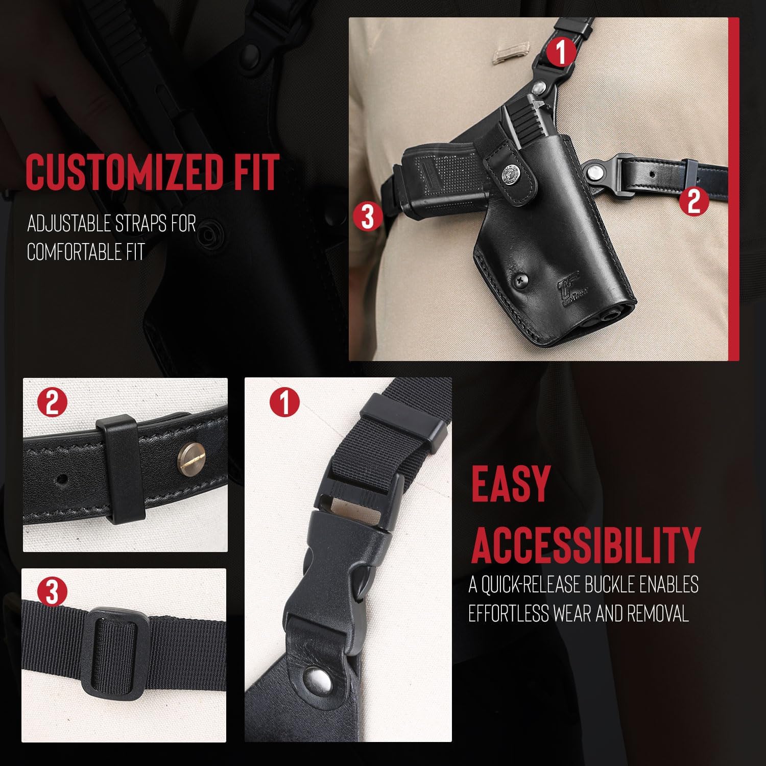 GUN & FLOWER Universal Leather Chest Holster Compatible with Glock 17/19/ 19X/ 22/43/ 43X, 1911, Taurus G2C/G3C, M&P 9, Sig P220/P226, 92FS and More, for Men and for Women, Right Hand - Polymerholster