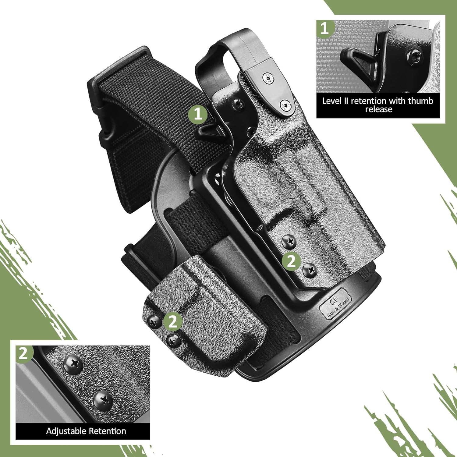 Tactical Level II G17 Drop Leg Holster with Single Mag Pouch for Glock 17/19 Gen3-5, 22/23/31/32 Gen3-4, 19X/44/45 – Kydex Thigh Holster Adjustable Right-Hand Draw - Polymerholster