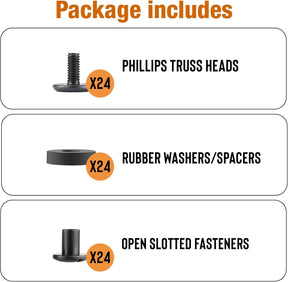 24 Sets Black Chicago Screws for DIY Kydex/Leather Holsters, Clips & Knife Sheaths - Includes Phillips Truss Heads, Slotted Fasteners & Rubber Spacers | Secure Fit, Anti-Loosening - Polymerholster