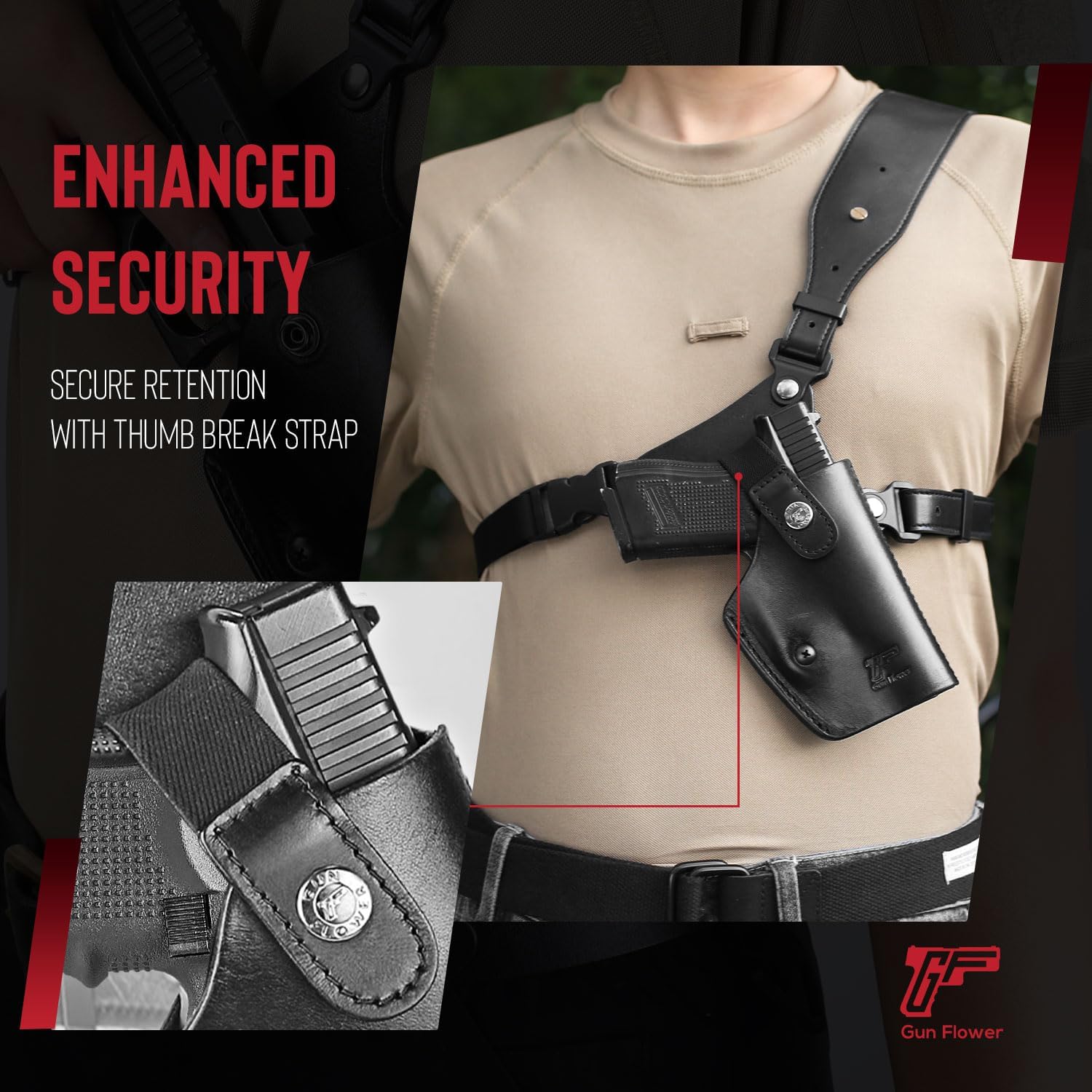 GUN & FLOWER Universal Leather Chest Holster Compatible with Glock 17/19/ 19X/ 22/43/ 43X, 1911, Taurus G2C/G3C, M&P 9, Sig P220/P226, 92FS and More, for Men and for Women, Right Hand - Polymerholster