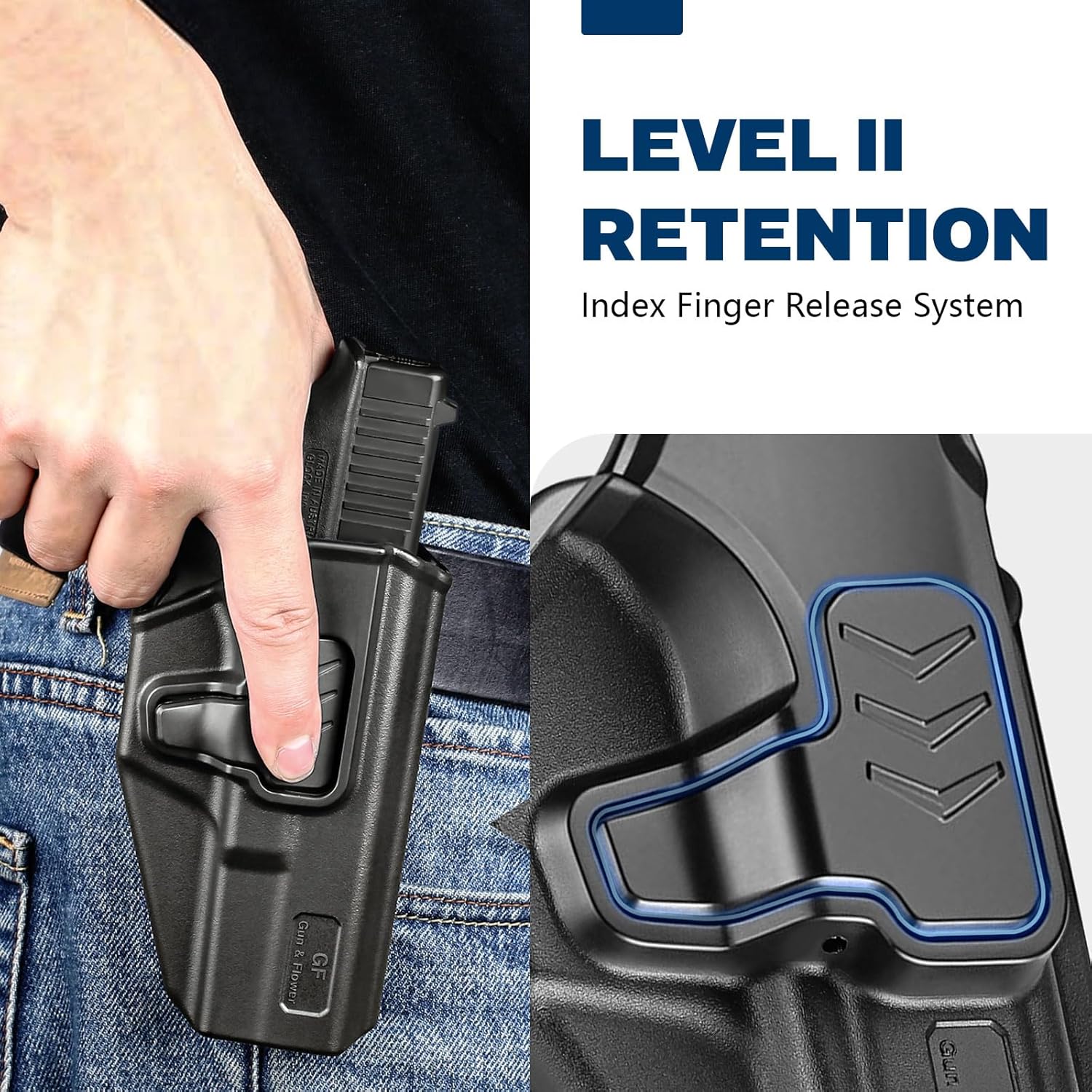 GUN & FLOWER OWB Holster Fits Glock 17 Gen 3-5, Glock 22/31 Gen 3-4, Glock 44/45, Outside Waistband Carry Belt Clip w/Molle Adapter, Level II Index Finger Release, 360 Degrees Adjustable, Right Hand - Gunflowerholsters