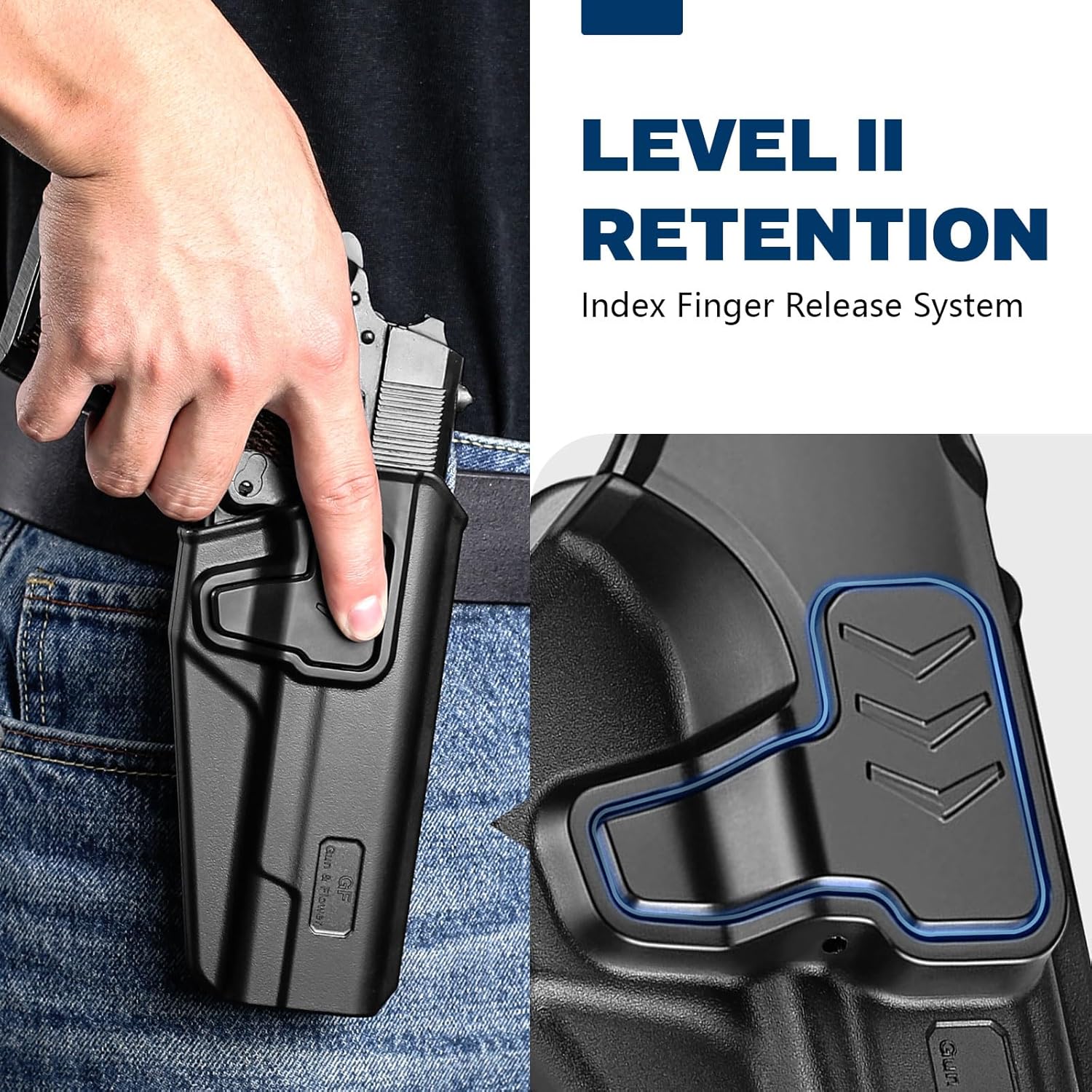 GUN & FLOWER OWB Holster Fit 1911 Colt-Elite Force-Kimber-Springfield-RIA-S&W-Ruger-Taurus-Rock Island and Most 1911 5'' No Rail, Index Finger Release, 360 Degrees Adjustable Paddle w/Molle Adapter - Polymerholster