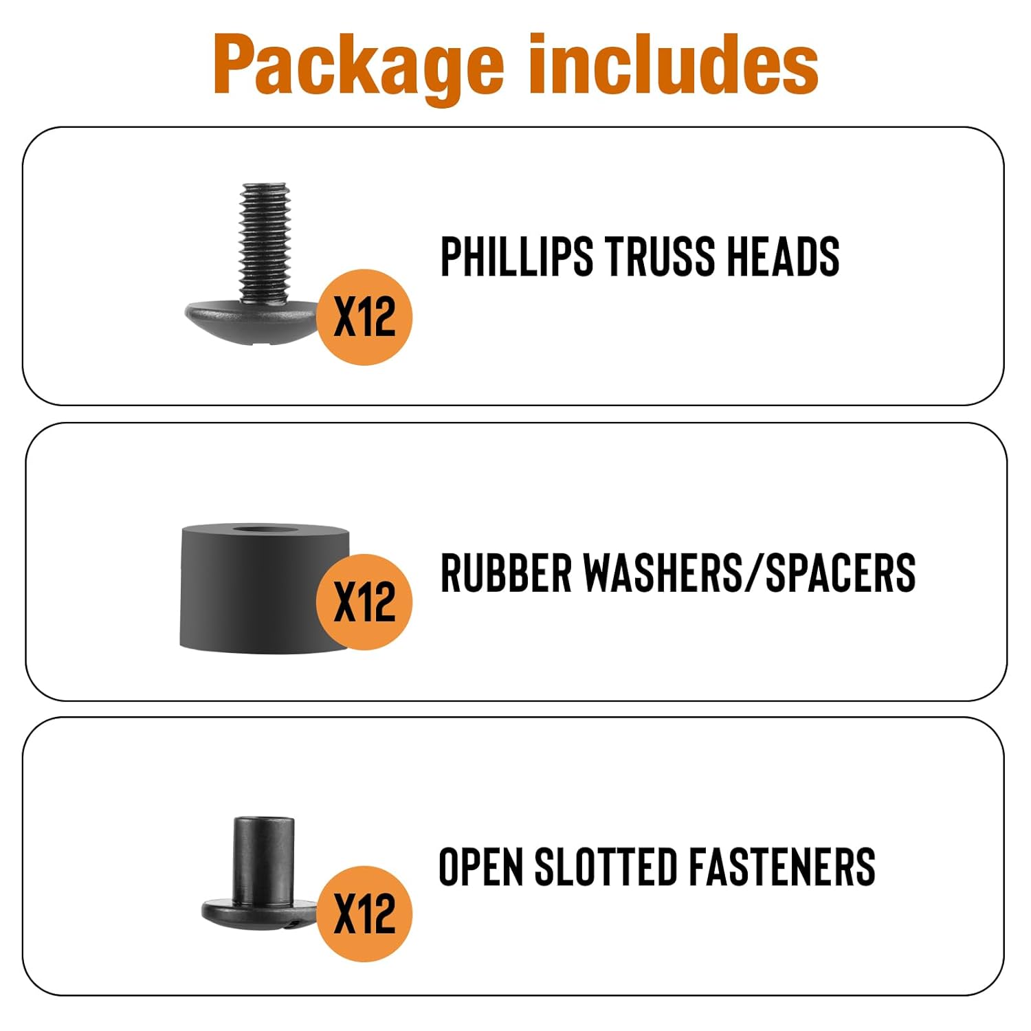 12 Sets Black Chicago Screws for DIY Kydex/Leather Holsters, Clips & Knife Sheaths - Includes Phillips Truss Heads, Slotted Fasteners & Rubber Spacers | Secure Fit, Anti-Loosening - Polymerholster