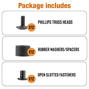 12 Sets Black Chicago Screws for DIY Kydex/Leather Holsters, Clips & Knife Sheaths - Includes Phillips Truss Heads, Slotted Fasteners & Rubber Spacers | Secure Fit, Anti-Loosening - Polymerholster