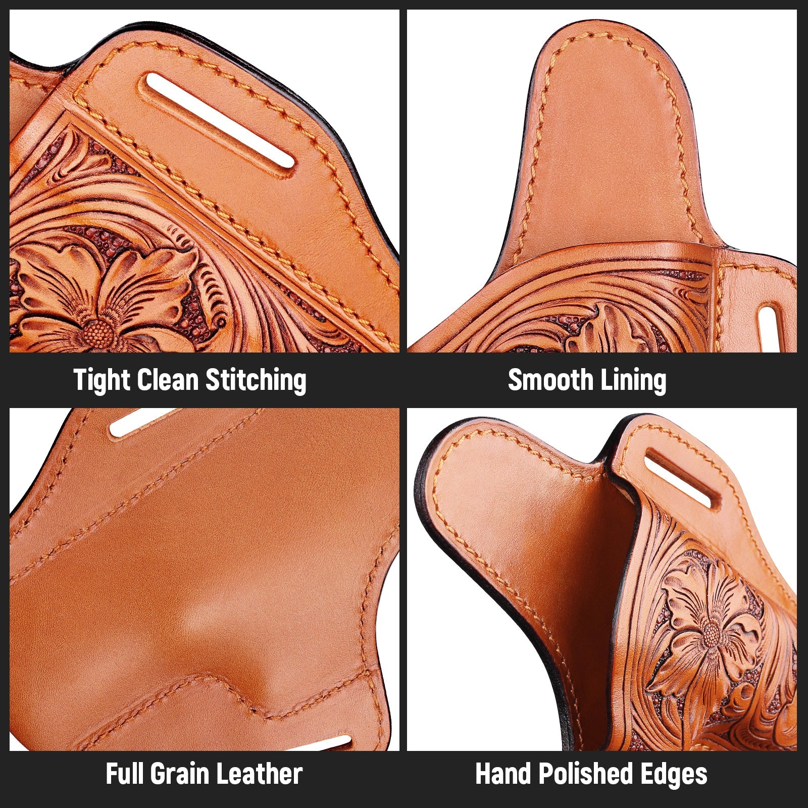 GUN & FLOWER Hand-Carved Full-Grain Leather Luxury OWB Holster for Glock 17/19 Gen 3-5, 22/23/31/32 Gen 3-4, Glock 19x/44/45 – Exclusive Dual-Sided Smooth Protection, Floral Design, Fits 1.5" Belts - Gunflowerholsters